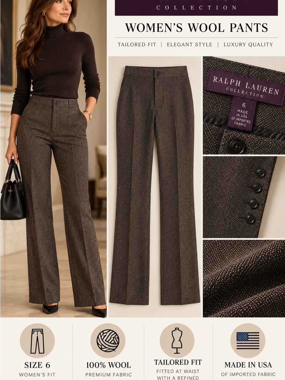 Ralph Lauren Women's Wide-Leg Wool Pants — Dark Brown